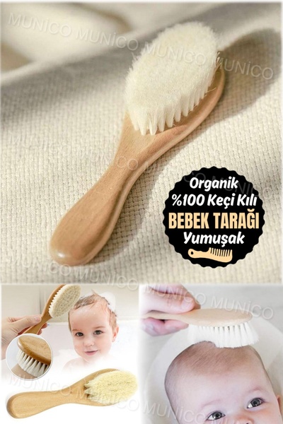 Munico Ahşap Bebek Saç Fırçası Çocuk Küçük Tarak Doğal Yumuşak Kıllar Yenidoğ...
