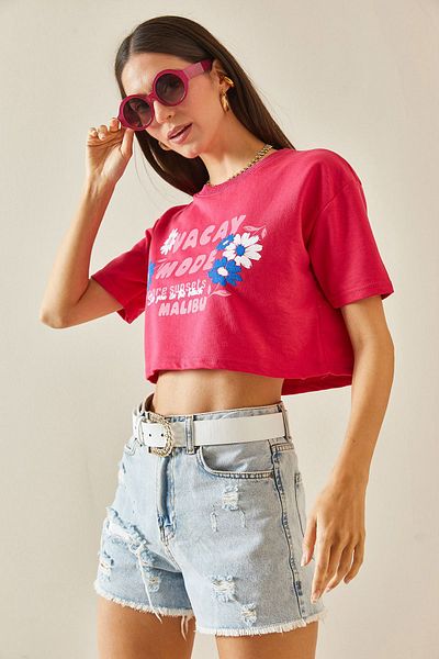 XHAN Fuchsia Crop T-Shirt - Crew Neck, Printed 5YXK1-48564-07