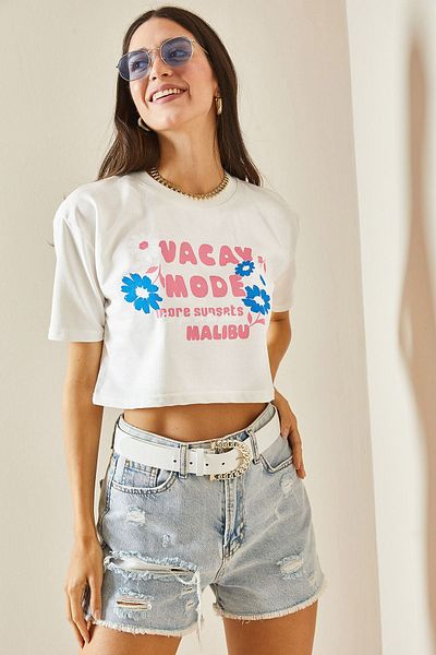XHAN Tricou crop alb cu gât crew - 5YXK1-48564-01