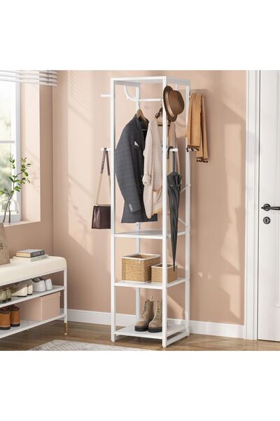 Zizuva Tasarım Askılıklı Raflı Beyaz Portmanto
