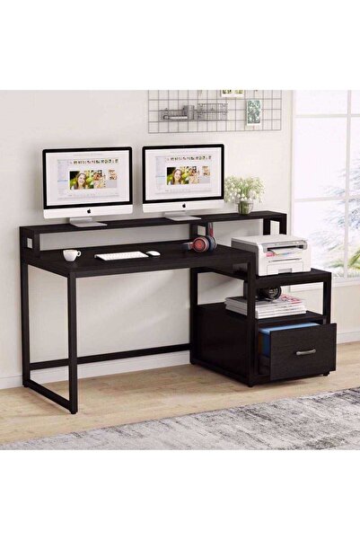 Zizuva Tasarım Raflı Ve Çekmeceli Siyah Çalışma Masası