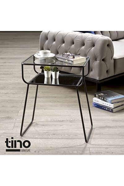 tino furniture Siyah Yan Sehpa Cam Raflı Metal Geyik Sehpa