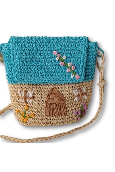 Sistaful El Örgüsü Kız Çocuk Hasır Omuz Çantası