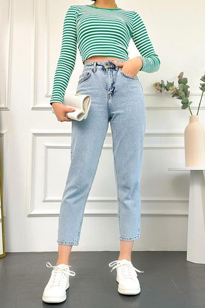 HLT JEANS Blue Snow Jean Boyfriend pentru femei cu talie înaltă, fără lycra, 100% bumbac, denim, model Mabel