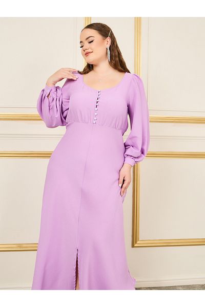 Styli Plus Bishop Sleeves Front Slit Maxi Dress