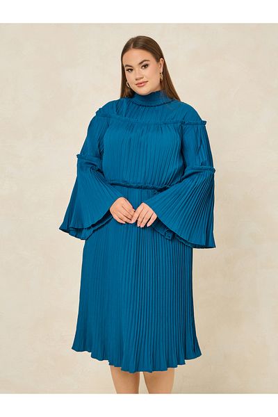 Styli Plus High Neck Pleated Midi Dress with Bell Sleeves