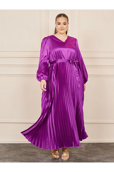 Styli Plus Satin Pleated Maxi Dress with Self Tie Up