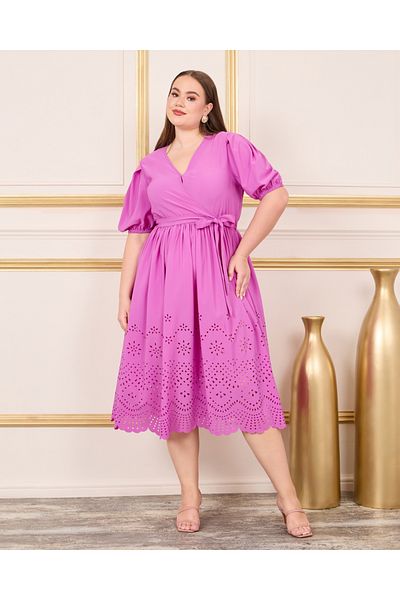 Styli Plus Schiffli Puff Sleeves Wrap Midi Dress