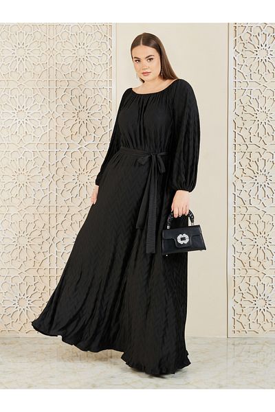 Styli Plus Satin Plisse Textured A-Line Maxi Dress with Self Tie Up