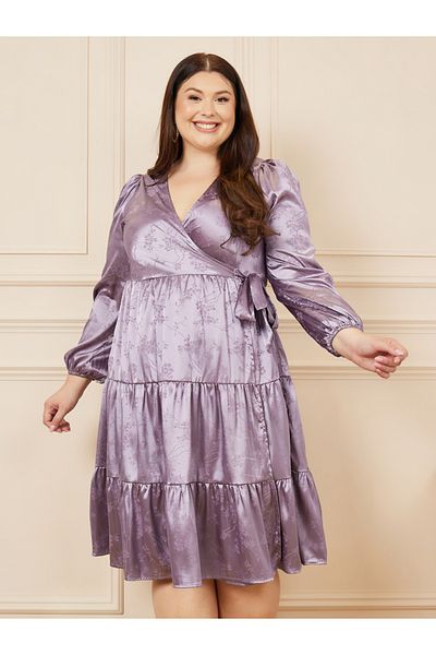 Styli Plus Satin Jacquard Print Tiered Wrap Midi Dress