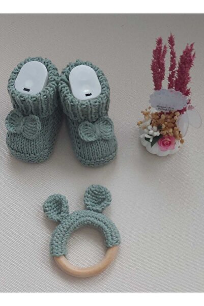 BEGİN Green Organic Cotton Double Set - Baby Booties Teether Hand Knitted