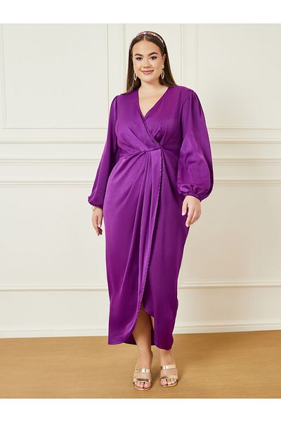 Styli Plus Satin Gathered A-Line Maxi Dress with Long Sleeves
