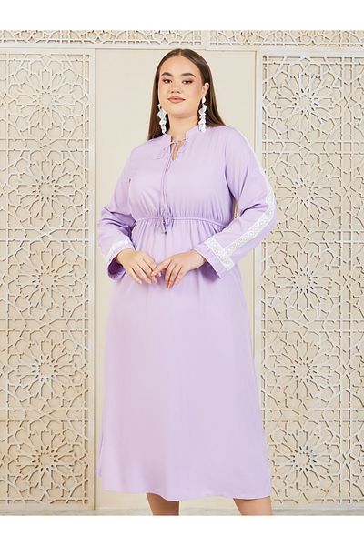 Styli Plus Lace Detail Tie Up Neck A-Line Midi Dress