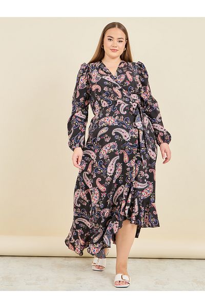 Styli Plus Paisley Print Ruffle Hem Wrap Midi Dress