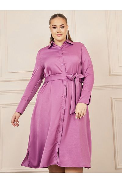 Styli Plus Satin Self Tie Up Shirt Midi Dress
