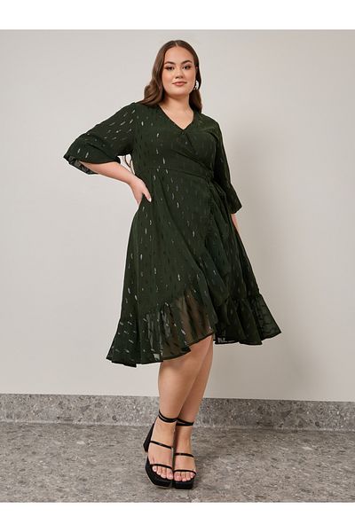 Styli Plus Asymmetric 3/4 Sleeve Wrap Midi Dress