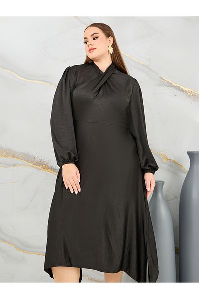 Styli Satin Halter Neck Long Sleeves Handkerchief Hem Midi Dress