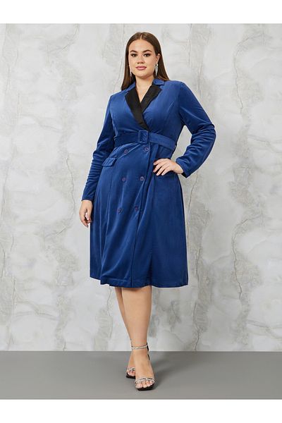 Styli Plus Contrast Collar Belted Blazer Midi Dress