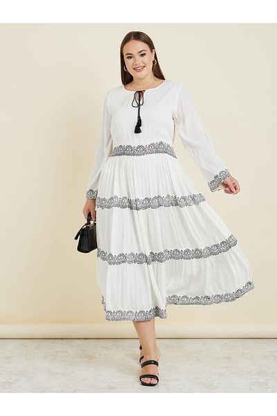 Styli Plus Tie-Up Neck Printed Tiered Midi Dress