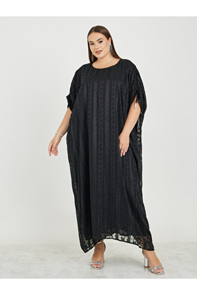 Styli Plus Jacquard Kaftan Maxi Dress with Pearl Embellishment