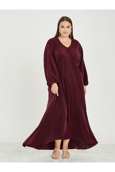 Styli Plus Plisse Maxi Dress with Volume Sleeves