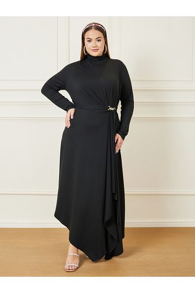 Styli Plus Asymmetrical Long Sleeve Maxi Dress with Belt
