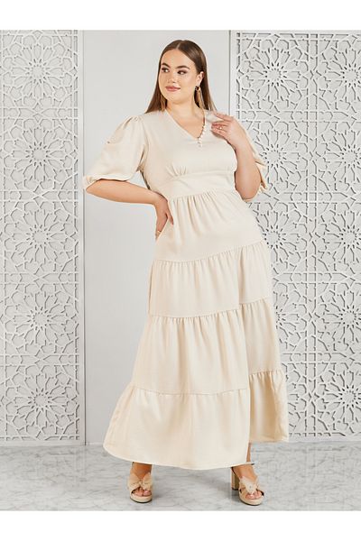 Styli Plus Satin Button Detail Tiered Maxi Dress
