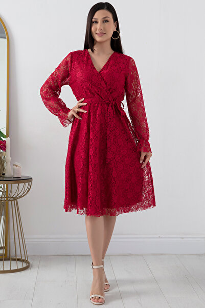 PULLIMM Kruvaze Yaka Kuşaklı Midiboy Dantel Abiye Elbise 13453