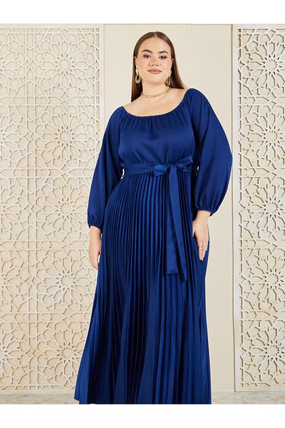 Styli Plus Satin Accordion Pleats Self Tie Up A-Line Maxi Dress