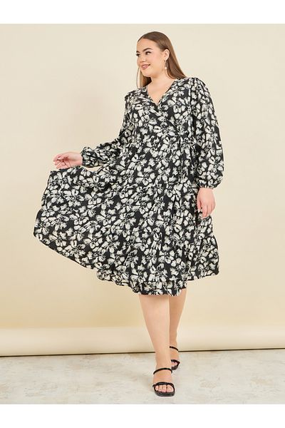 Styli Plus Floral Print Tiered Wrap Midi Dress