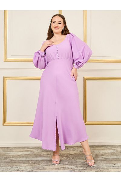 Styli Plus Bishop Sleeves Front Slit Maxi Dress