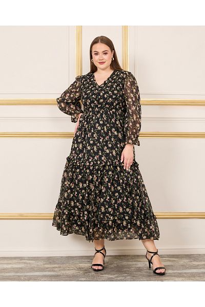 Styli Floral Print Smocked Ruffle Detail A-Line Maxi Dress
