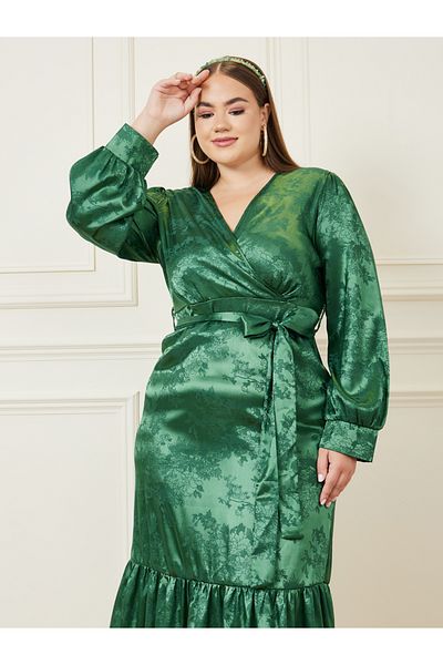 Styli Plus Jacquard Wrap Front Midi Dress with Ruffle Hem