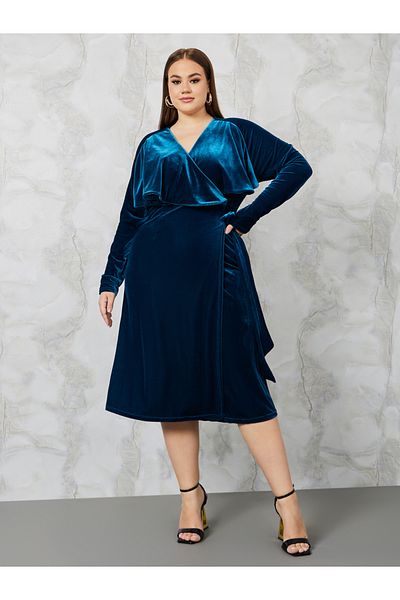 Styli Plus Velour Tie Front Wrap Midi Dress