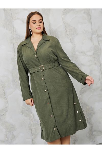 Styli Plus Belted Corduroy Midi Dress with Buttons