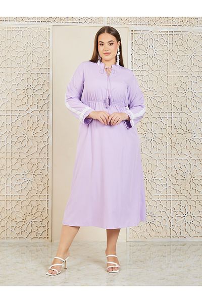 Styli Plus Lace Detail Tie Up Neck A-Line Midi Dress