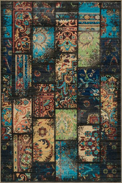 Rugs Modern Halı Black Themed Multicolored Mixed Motif Patterned Vintage Deco...