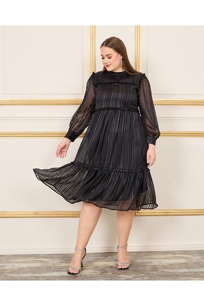 Styli Plus Lurex Striped Frill Detail High Neck A-Line Midi Dress