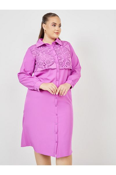 Styli Plus Lace Detail Shirt Midi Dress