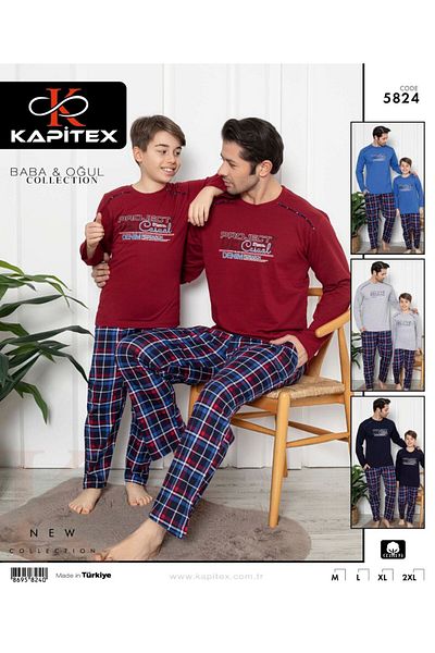 KAPİTEX 5824 Ανδρικό Σετ Πιτζάμες από Βαμβακερό Χτενισμένο - Ρούχα για το σπίτι με τσέπες