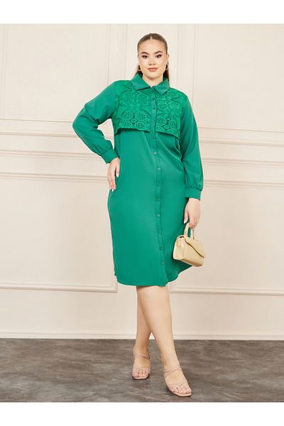 Styli Plus Lace Detail Shirt Midi Dress