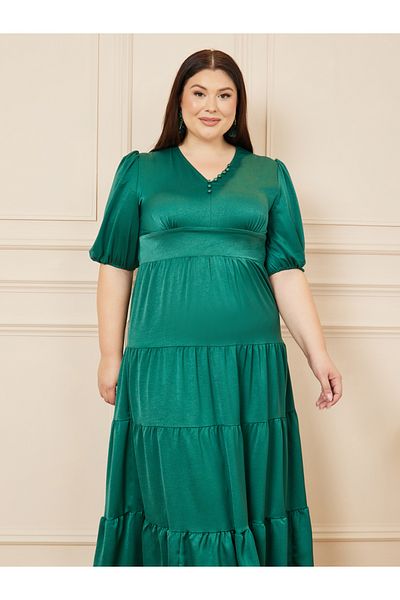 Styli Plus Satin Button Detail Tiered Maxi Dress