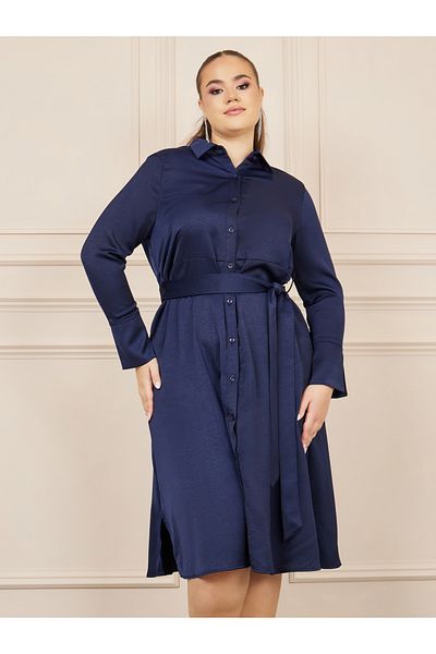 Styli Plus Satin Self Tie Up Shirt Midi Dress