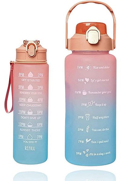 Sevilesi 2Lt 900ml Blue Motivational Water Bottle - Water Bottle with 2 Straw and Stickers