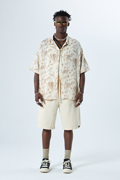 VAMOSCLO Υπερμεγέθη λινό πουκάμισο σε μπεζ χρώμα