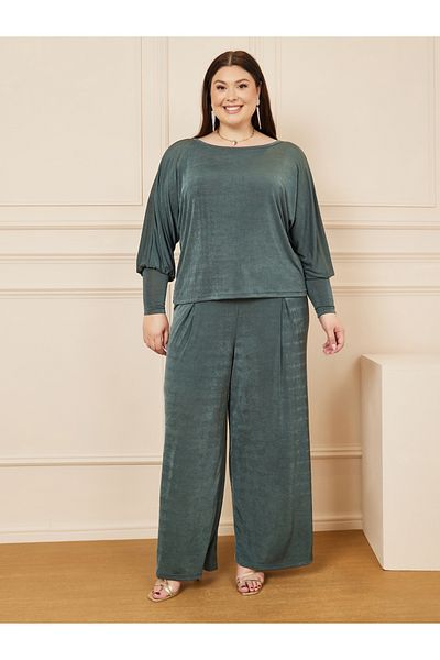 Styli Plus Batwing Sleeves Top and Wide Leg pants Set