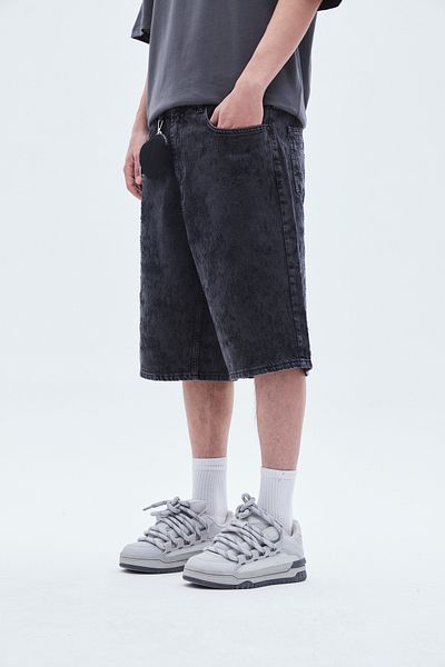 VAMOSCLO Laser Detailed BERMUDA DENIM SHORTS-BLACK