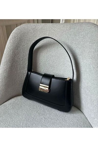 Mercan Stores Women's Black Short Strap Baguette Hand and Shoulder Bag with Buckle Detail