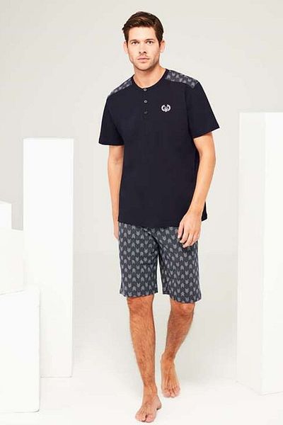 Mod Collection Set de pijamale din 3 piese albastru bleumarin pentru bărbați