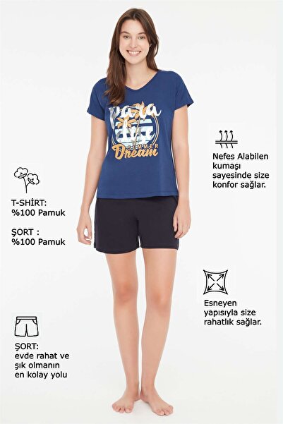 Mod Collection - Kadın Lacivert V-yaka Şort Takımı